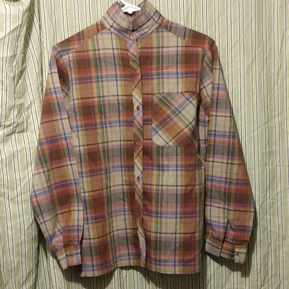 Hip 70s Vintage Sz L XL SHIP n SHORE Plaid Nehru Collar COTTON BLOUSE TOP